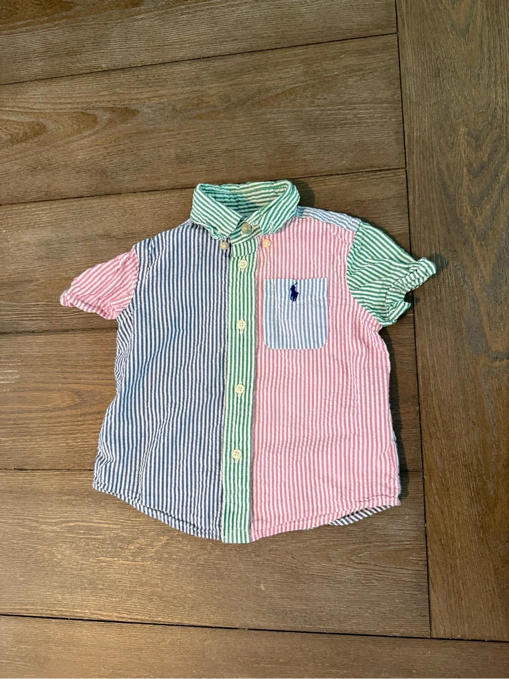 Ralph Lauren Boy’s Colorblock Seersucker Button-Down Shirt in Blue, Pink & Green